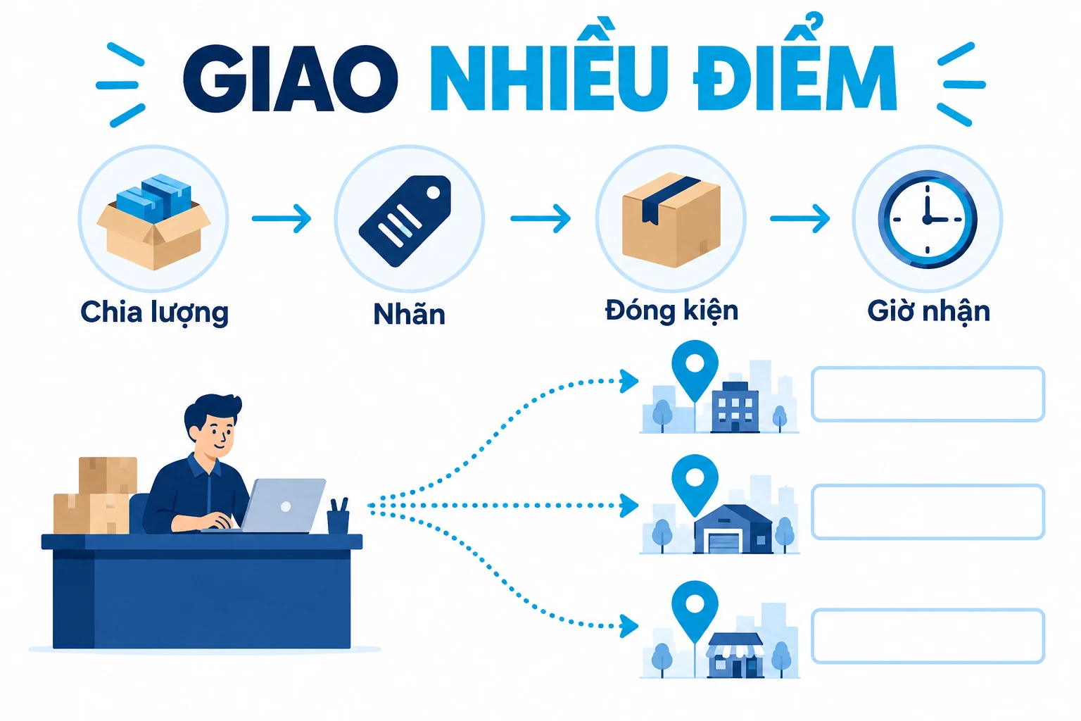 Sơ đồ chia lượng, nhãn, đóng kiện và giờ nhận cho ba điểm chưa điền