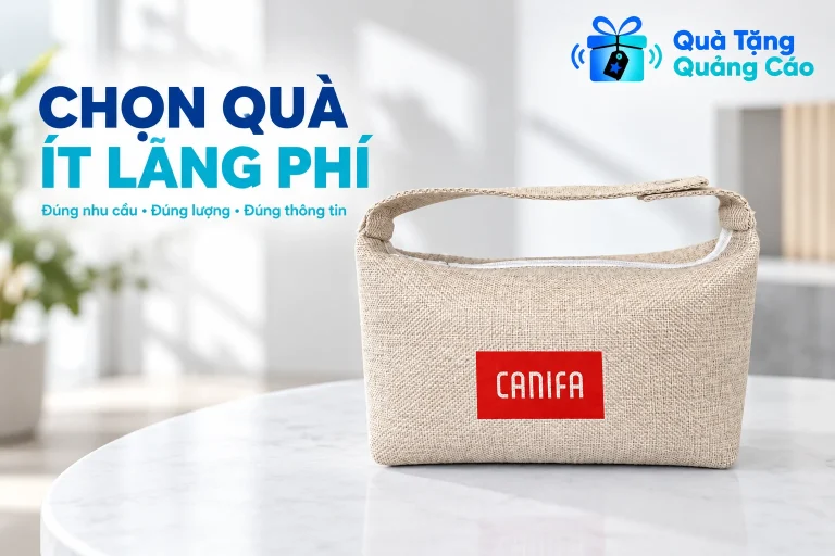 Túi dáng ngang màu kem in CANIFA cùng tiêu đề chọn quà ít lãng phí
