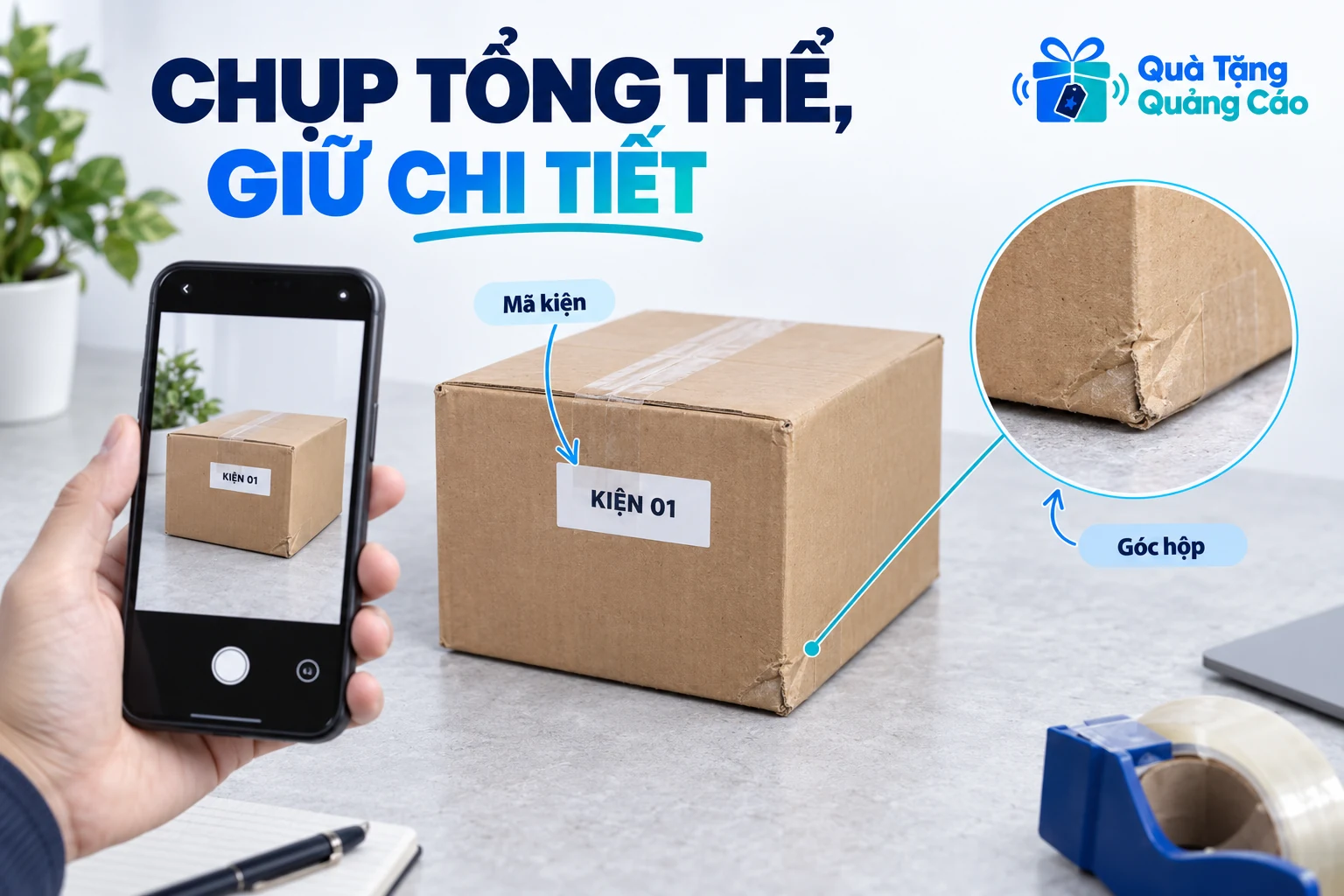 Chụp toàn cảnh kiện hàng và góc hộp trước khi mở để đối chiếu tình trạng