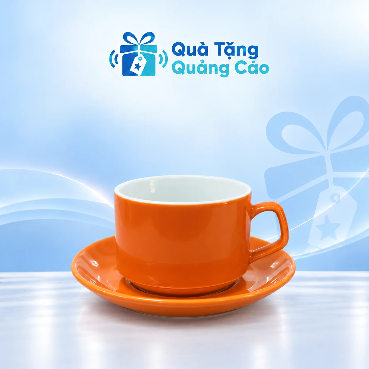 Cốc cà phê 250 ml kèm đĩa màu cam trên nền Quà Tặng Quảng Cáo Cốc cà phê 250 ml kèm đĩa màu cam trên nền Quà Tặng Quảng Cáo