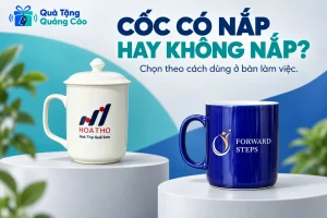 Cốc màu ngà có nắp và cốc xanh đang mở với tiêu đề Cốc có nắp hay không nắp