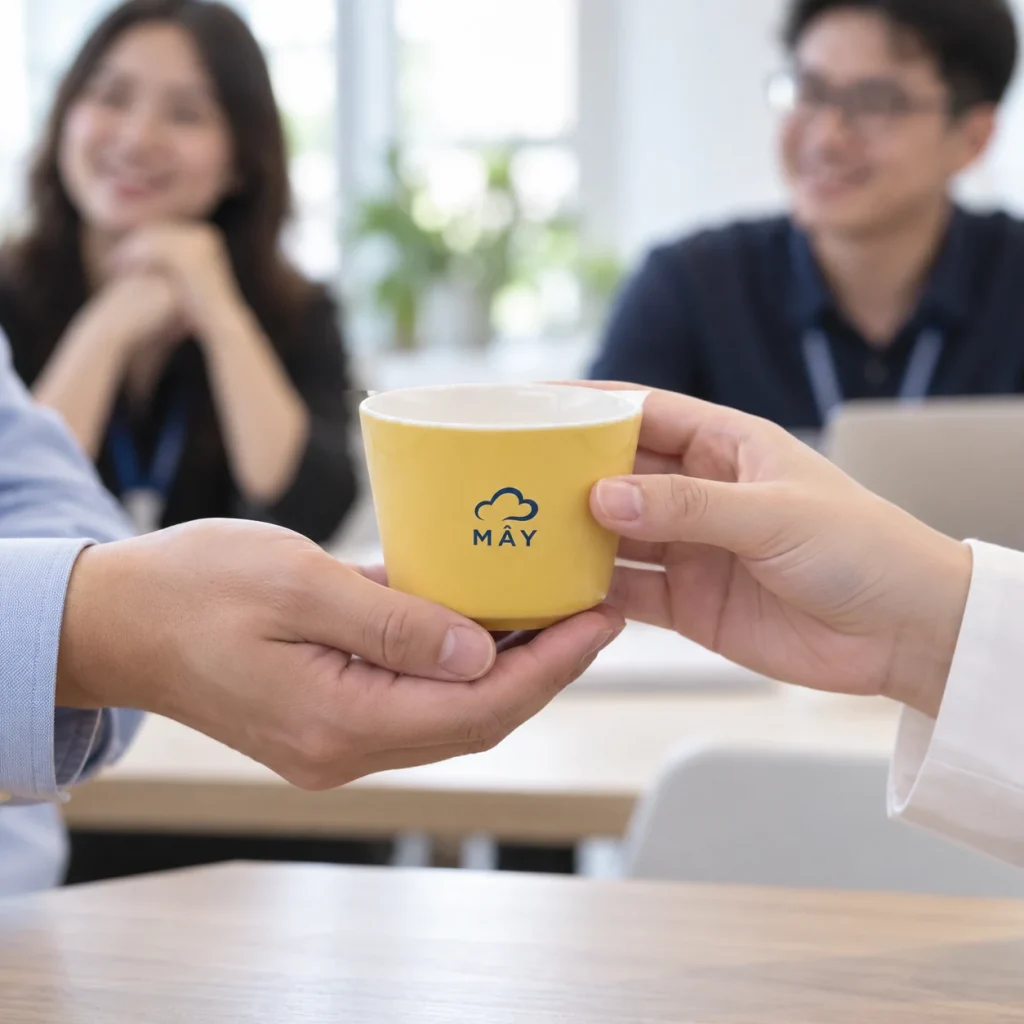 Minh họa trao cốc Khánh An màu vàng in nhận diện MÂY sau buổi gặp gỡ