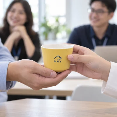 Minh họa trao cốc Khánh An màu vàng in nhận diện MÂY sau buổi gặp gỡ