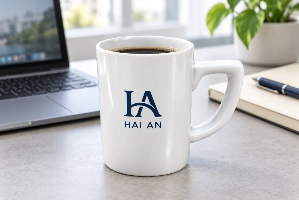 Minh họa cốc GPC-LSV in logo tại bàn làm việc