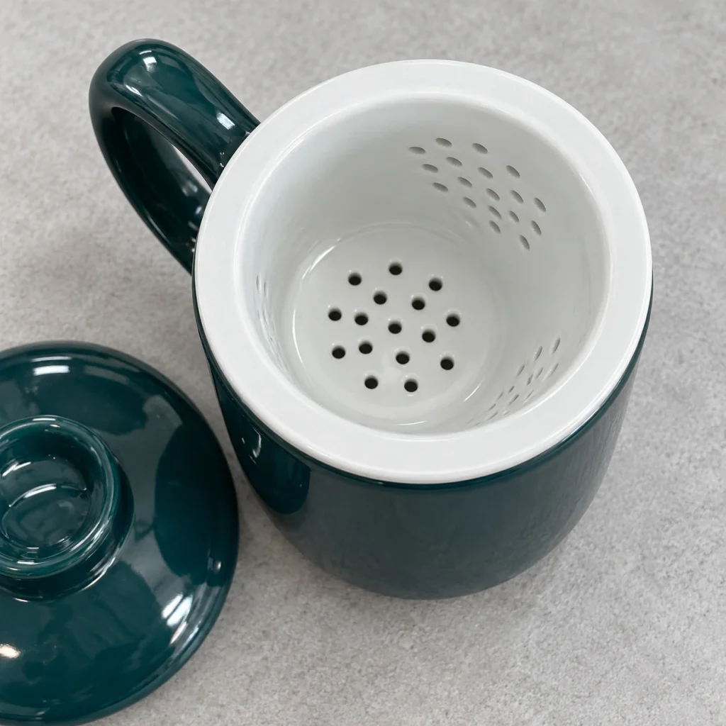 Cận lõi lọc sứ trắng và các lỗ tròn khi đặt trong cốc xanh cổ vịt