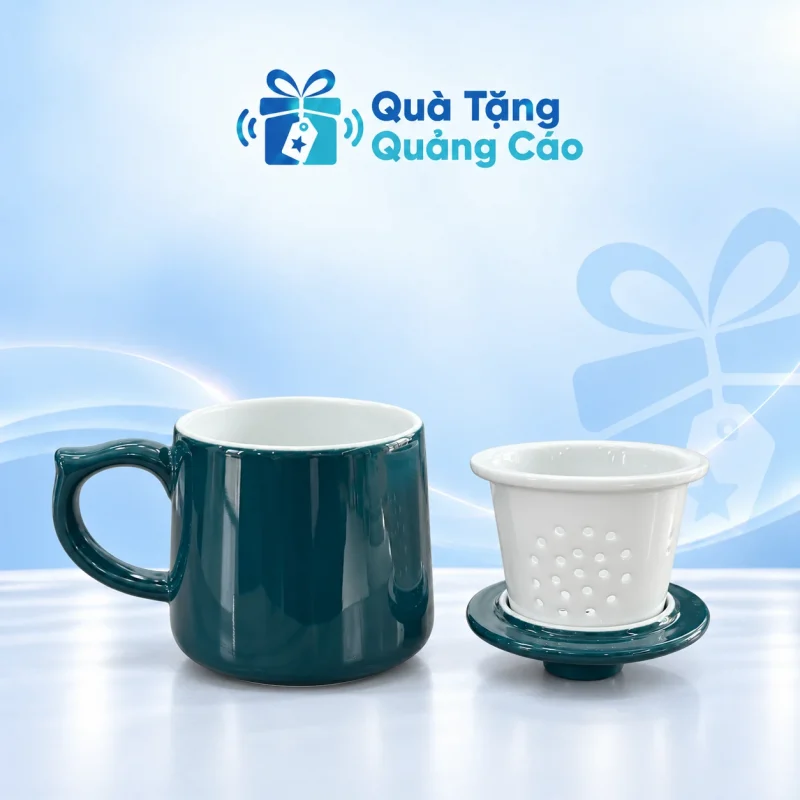 Cốc sứ lọc trà xanh cổ vịt in logo