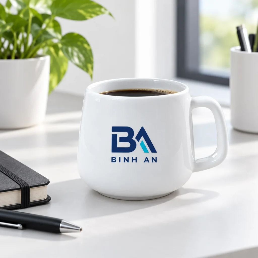 Minh họa một cốc sứ trắng có logo BINH AN tại bàn làm việc