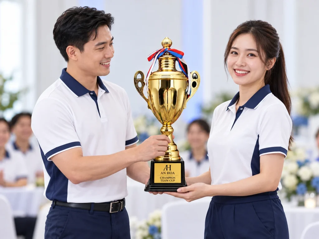 Minh họa hai người trao và nhận cúp 1503A trong một chương trình thể thao doanh nghiệp