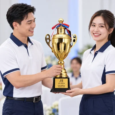 Minh họa hai người trao và nhận cúp 1503A trong một chương trình thể thao doanh nghiệp