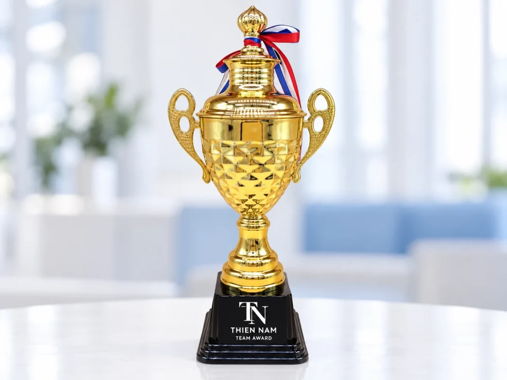 Minh họa chữ trắng TN THIEN NAM TEAM AWARD trên mặt trước đế đen của cúp 1509A