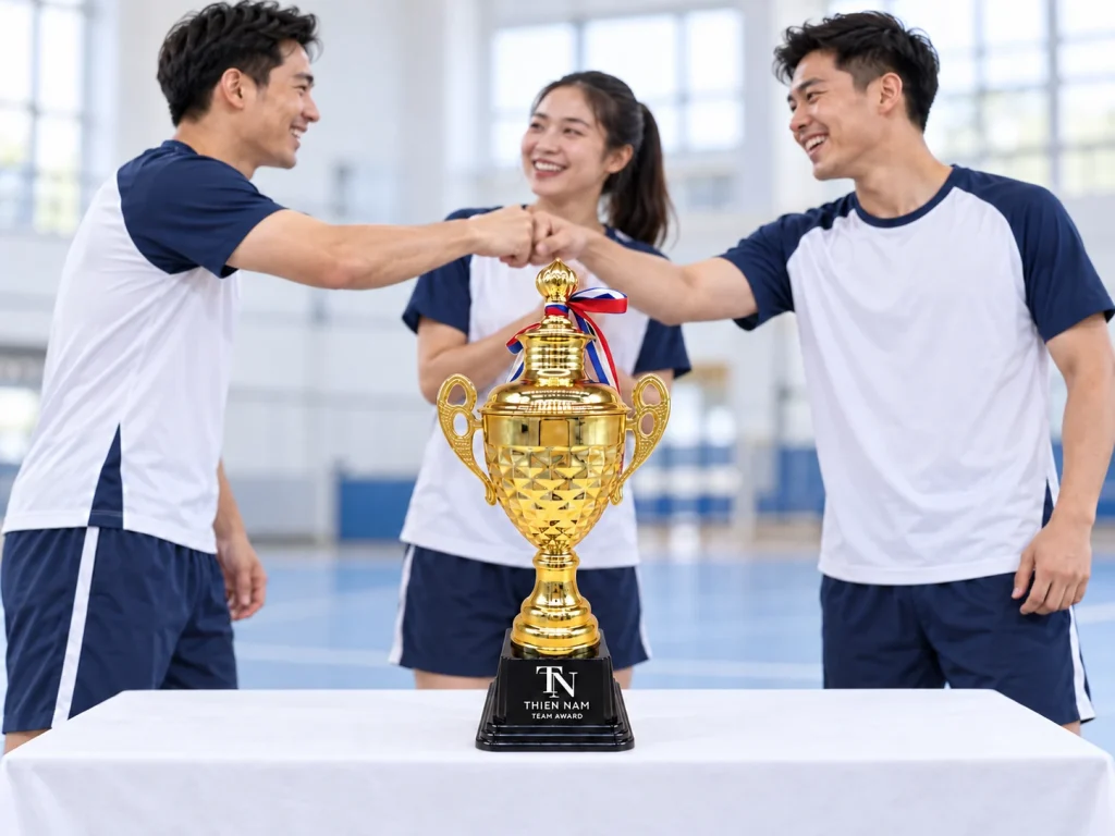 Minh họa cúp 1509A trên bàn trước nhóm đồng đội trong nhà thể thao