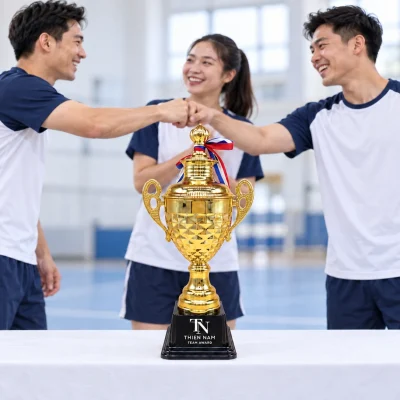 Minh họa cúp 1509A trên bàn trước nhóm đồng đội trong nhà thể thao