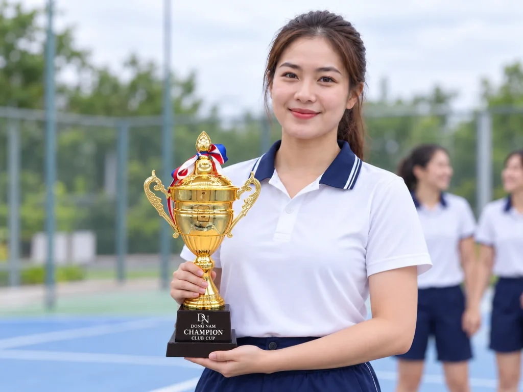 Minh họa người nhận đỡ đế và giữ thân cúp 2023A khi chụp ảnh tại sân thể thao