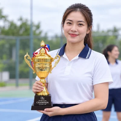 Minh họa người nhận đỡ đế và giữ thân cúp 2023A khi chụp ảnh tại sân thể thao