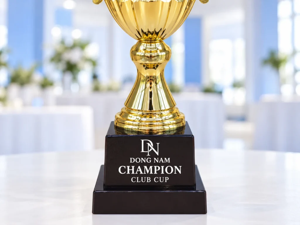 Minh họa chữ trắng DN DONG NAM CHAMPION CLUB CUP trên đế sẫm màu của cúp 2023A