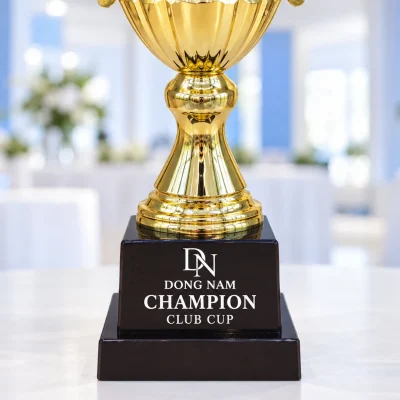 Minh họa chữ trắng DN DONG NAM CHAMPION CLUB CUP trên đế sẫm màu của cúp 2023A