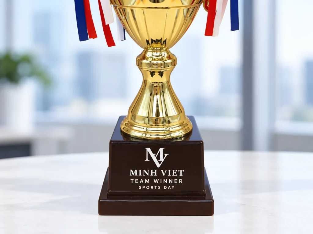 Minh họa chữ trắng MV MINH VIET TEAM WINNER SPORTS DAY trên đế nâu sẫm của cúp 2024A