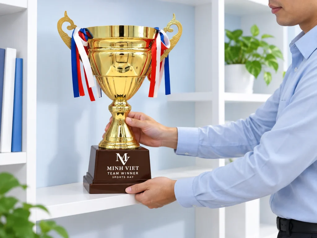 Minh họa đặt cúp 2024A cao 43 cm lên kệ mở tại góc lưu niệm văn phòng