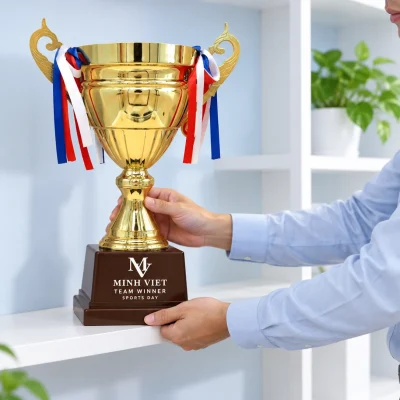 Minh họa đặt cúp 2024A cao 43 cm lên kệ mở tại góc lưu niệm văn phòng