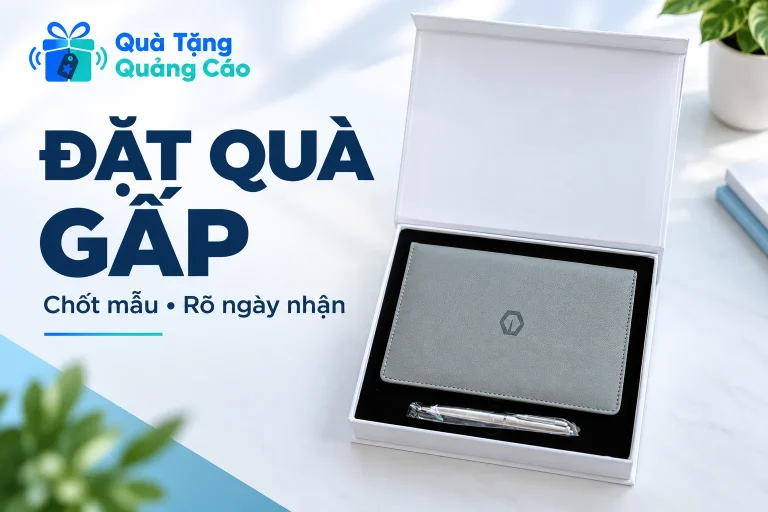 Bộ quà trong hộp trắng với món chính màu xám và bút bạc, cùng tiêu đề đặt quà gấp