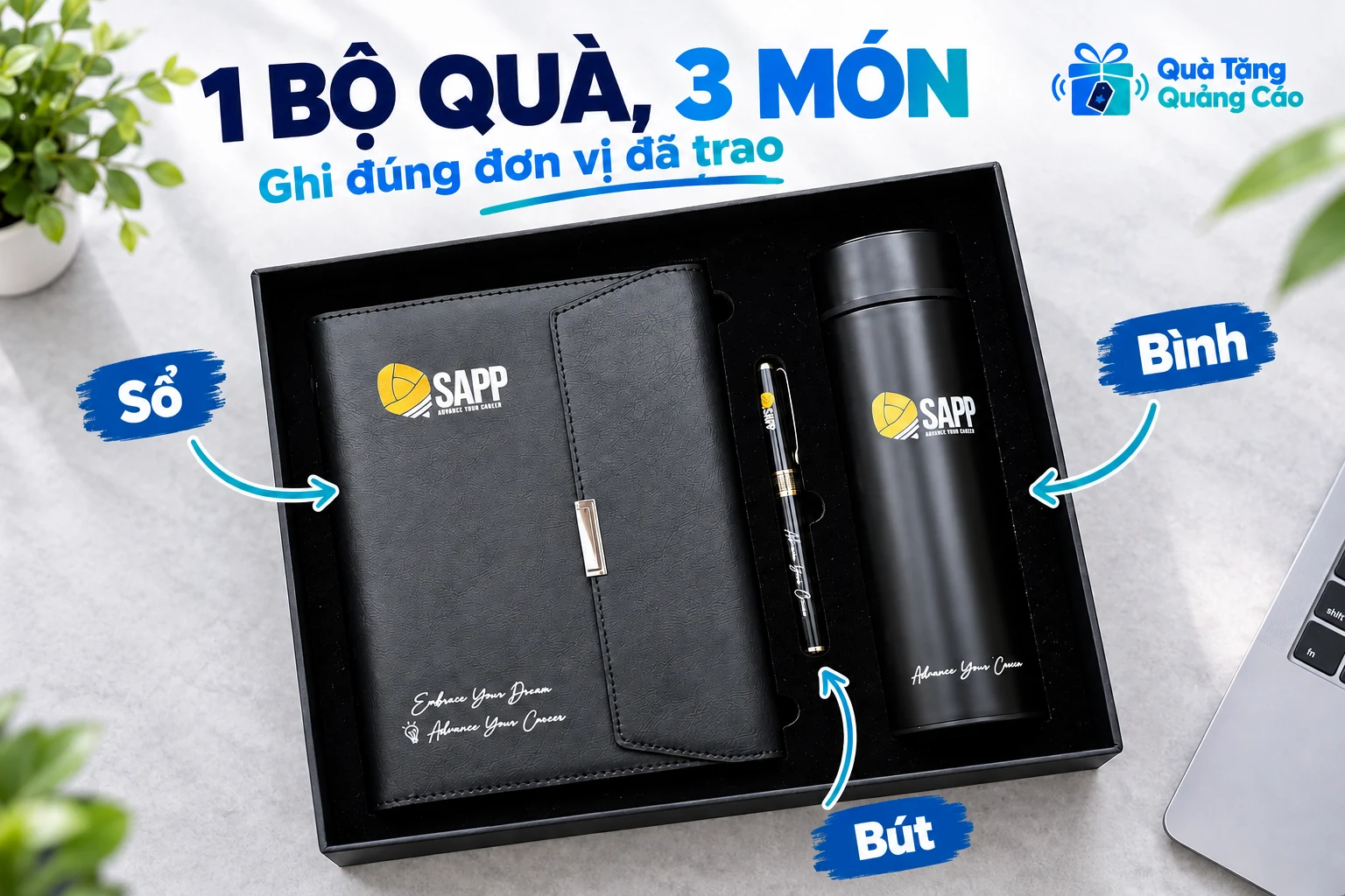 Bộ quà ba món gồm sổ, bút và bình trong hộp đen với chỉ dẫn đơn vị bộ