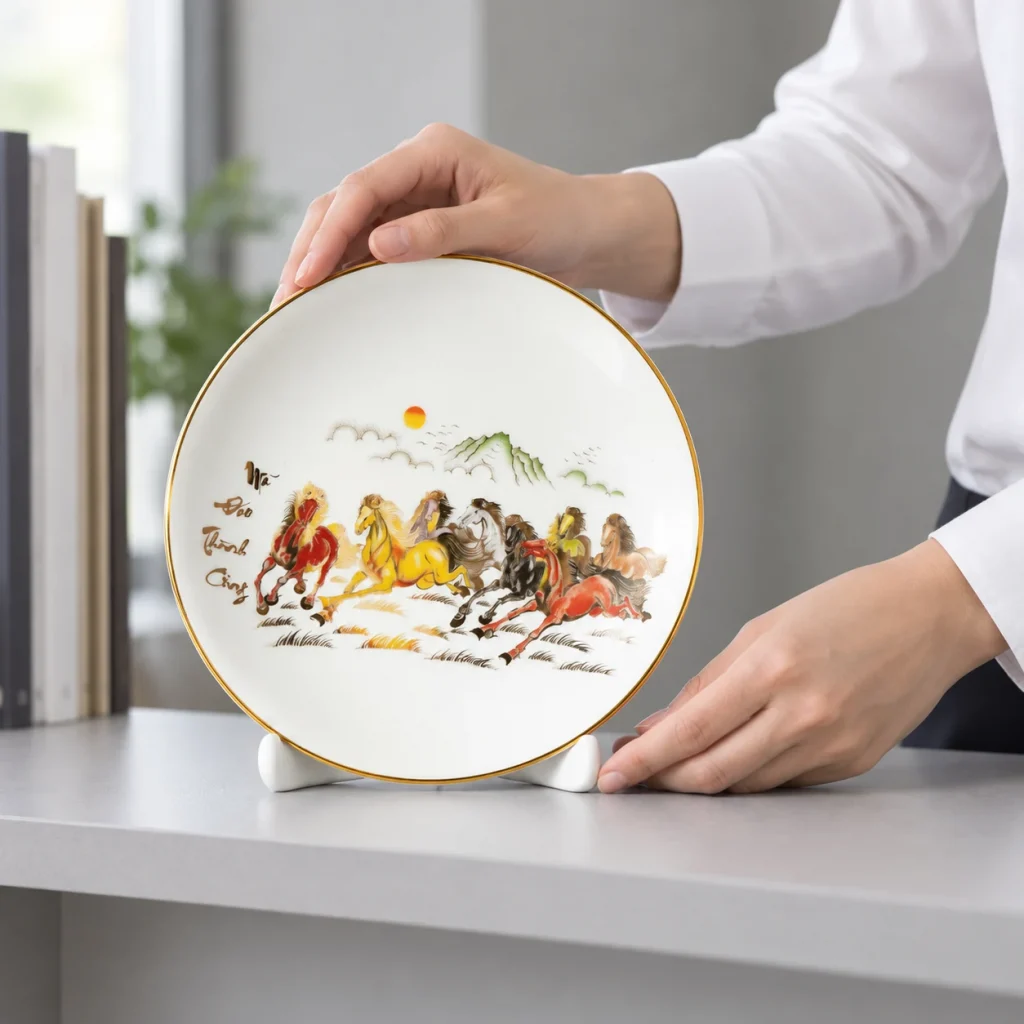 Minh họa hai tay đặt đĩa họa tiết ngựa vào đế sứ trắng trên kệ văn phòng