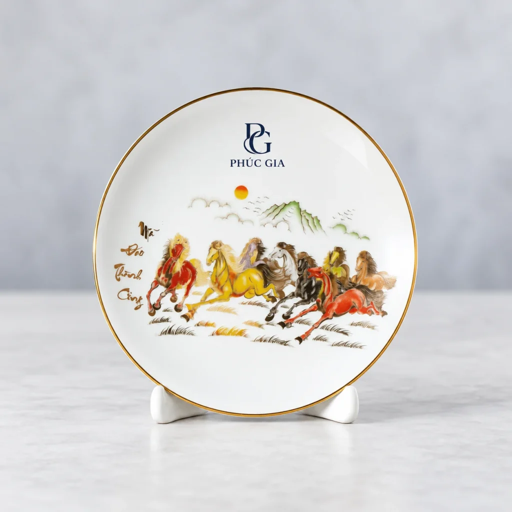 Minh họa nhận diện PG PHÚC GIA ở khoảng trắng phía trên tranh ngựa trên mặt đĩa 20 cm