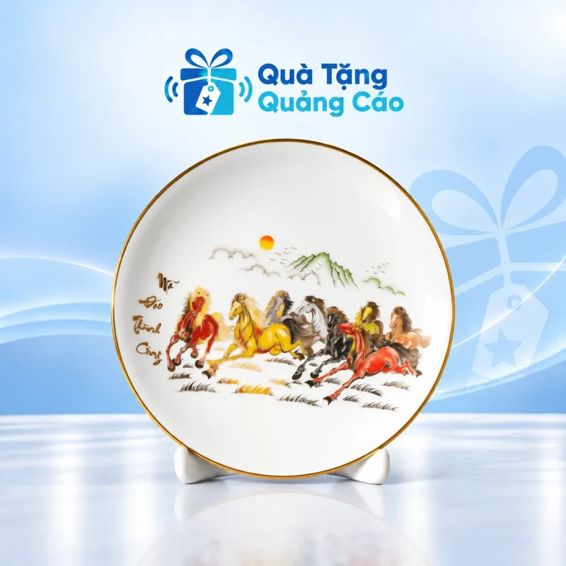 Đĩa biểu trưng 20cm viền vàng kèm đế sứ