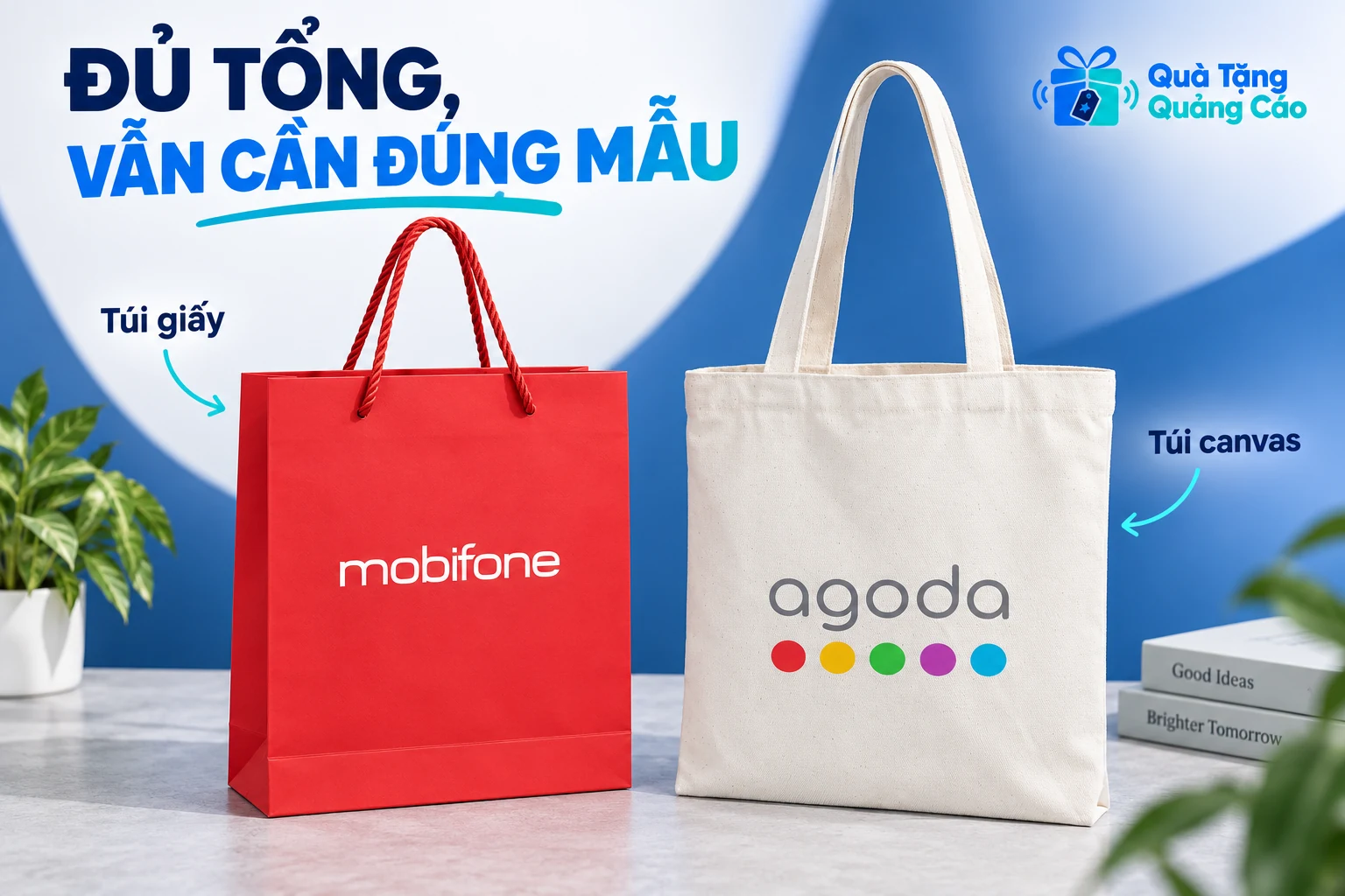 Túi giấy đỏ và túi canvas được đối chiếu thành hai mẫu riêng