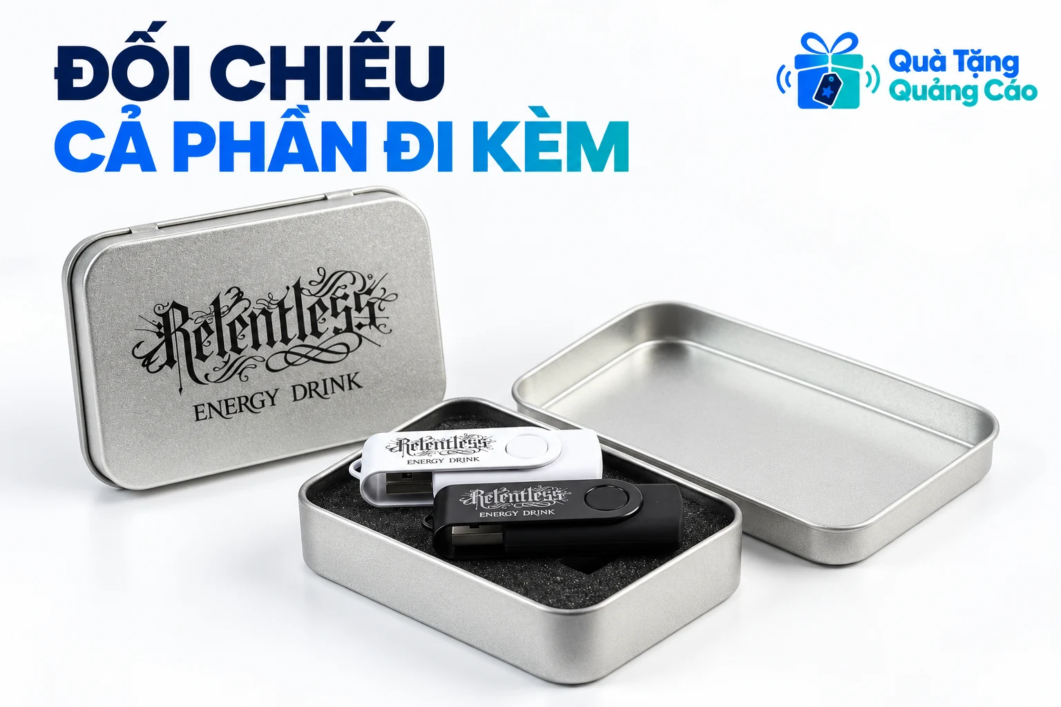 Hộp thiếc màu bạc có hai USB trắng đen theo mẫu nguồn Relentless
