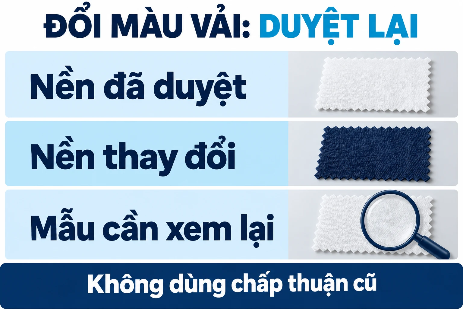 Nền đã duyệt, nền thay đổi và mẫu cần xem lại khi đổi màu vải
