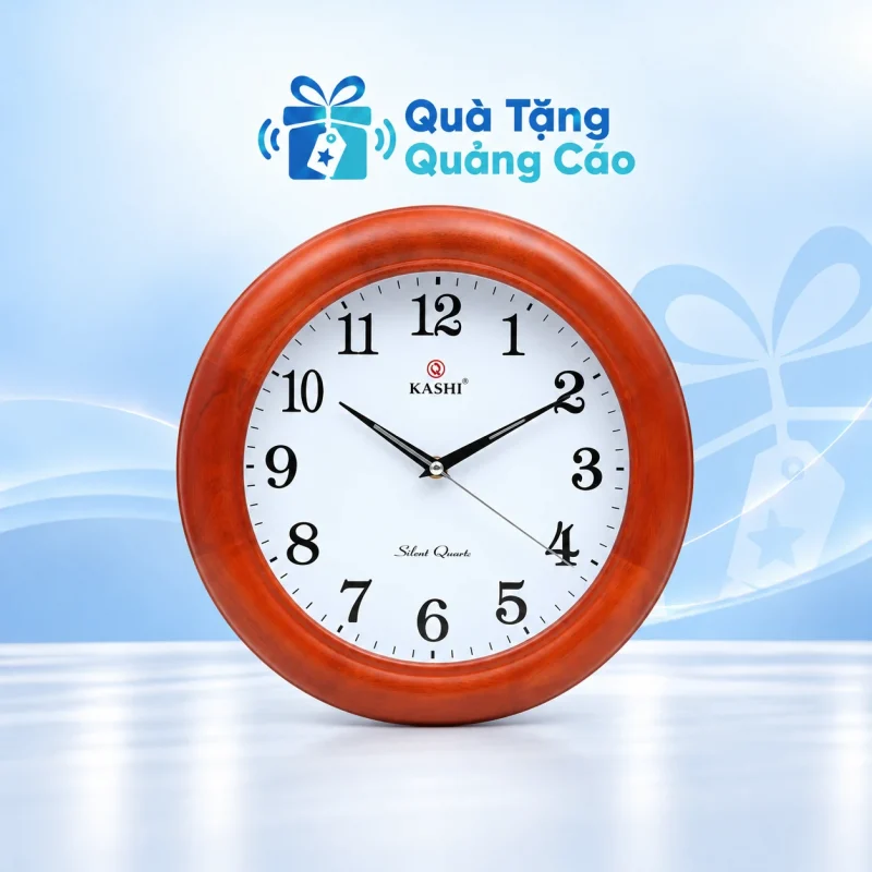 Đồng hồ treo tường Kashi KN7 32 cm viền nâu vân gỗ in logo