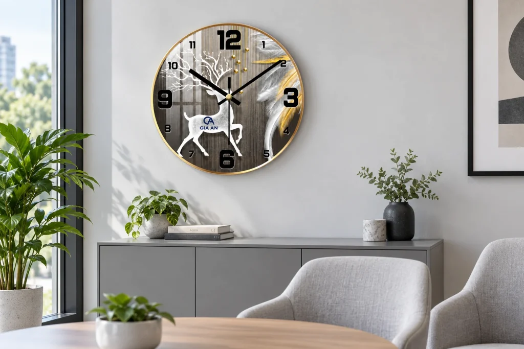 Đồng hồ tròn họa tiết hươu trắng trên tường sáng cạnh ghế tiếp khách