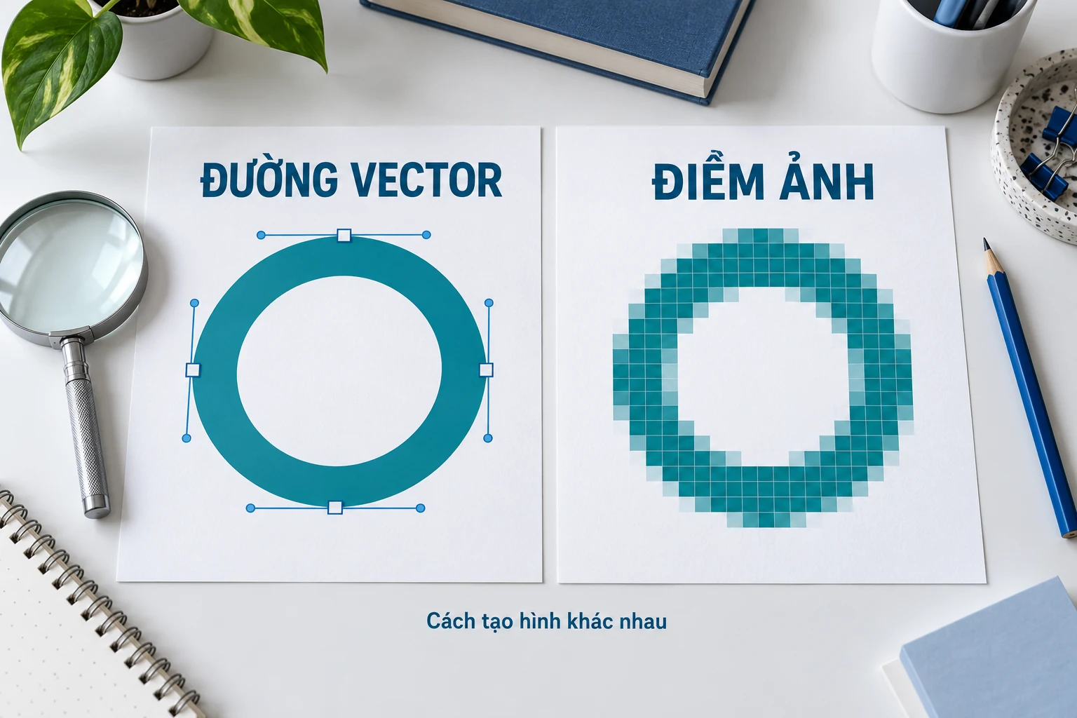 Hai hình vòng tròn biểu diễn đường vector và các ô điểm ảnh