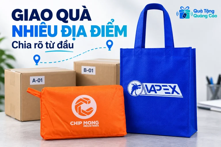 Túi vải xanh và túi áo mưa cam bên các kiện được chia mã điểm A và B