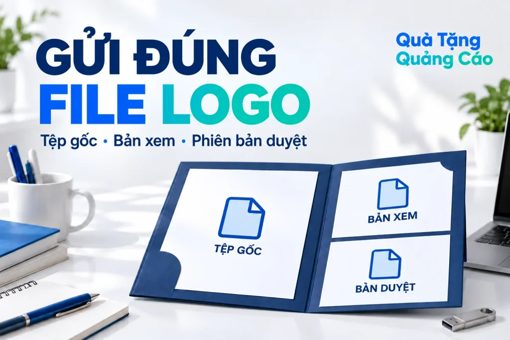Thư mục tệp logo với tiêu đề Gửi đúng file logo và ba phần Tệp gốc, Bản xem, Bản duyệt