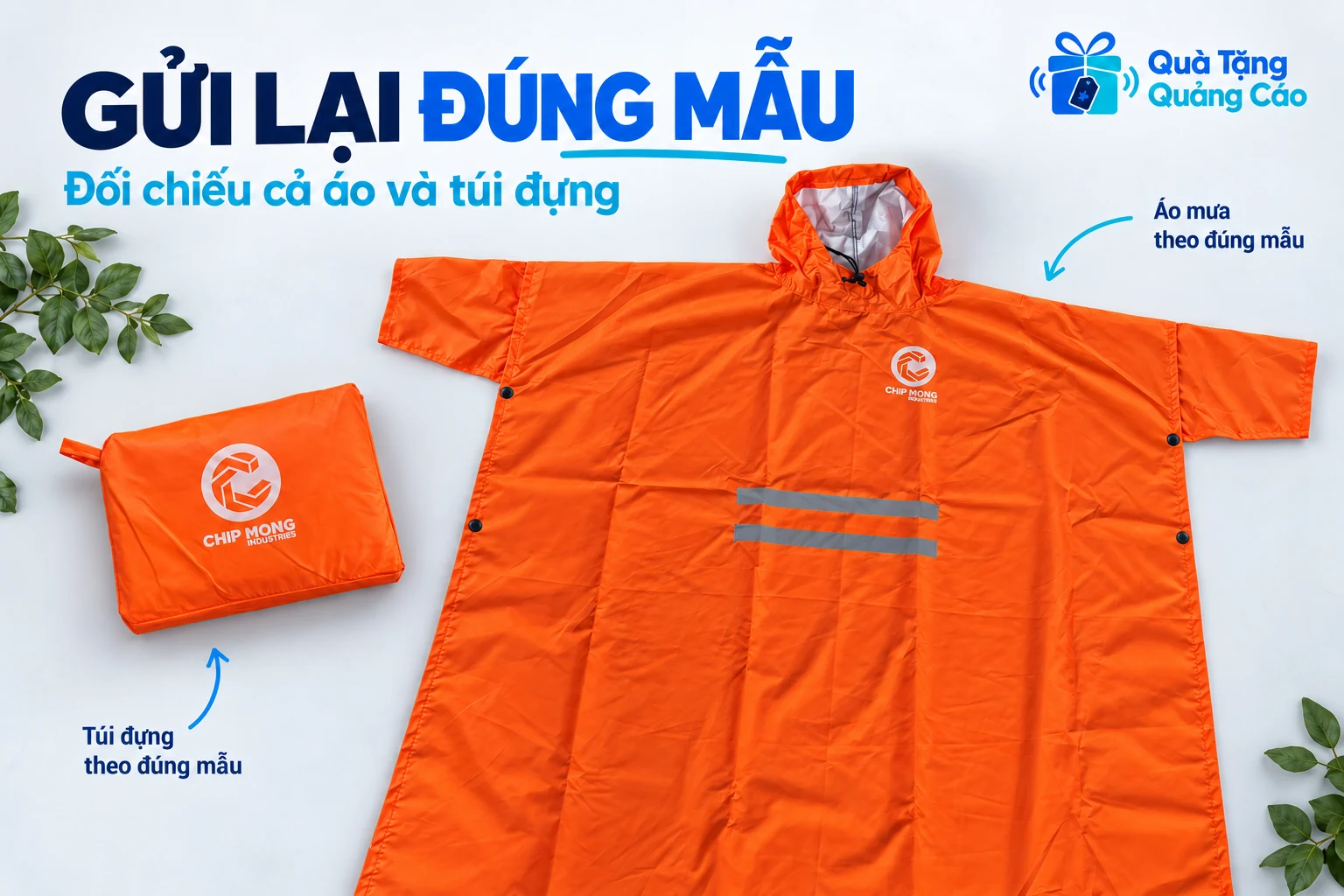 Đối chiếu áo mưa cam với mũ, hai dải phản quang và túi đựng cùng mẫu tham khảo