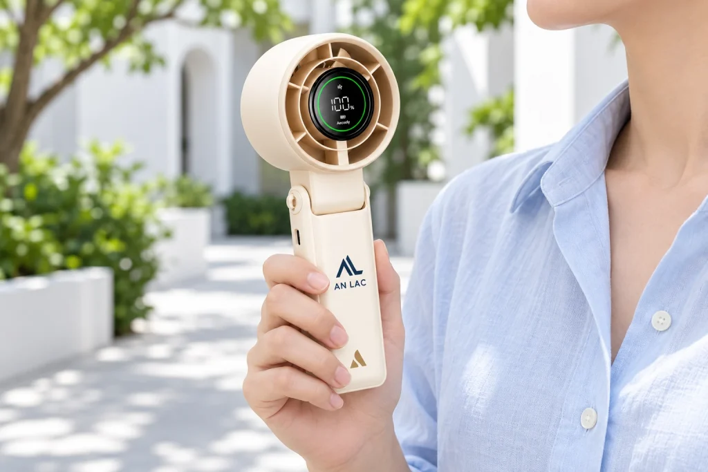 Minh họa cầm quạt Halo 02 PB02-A khi đi dạo