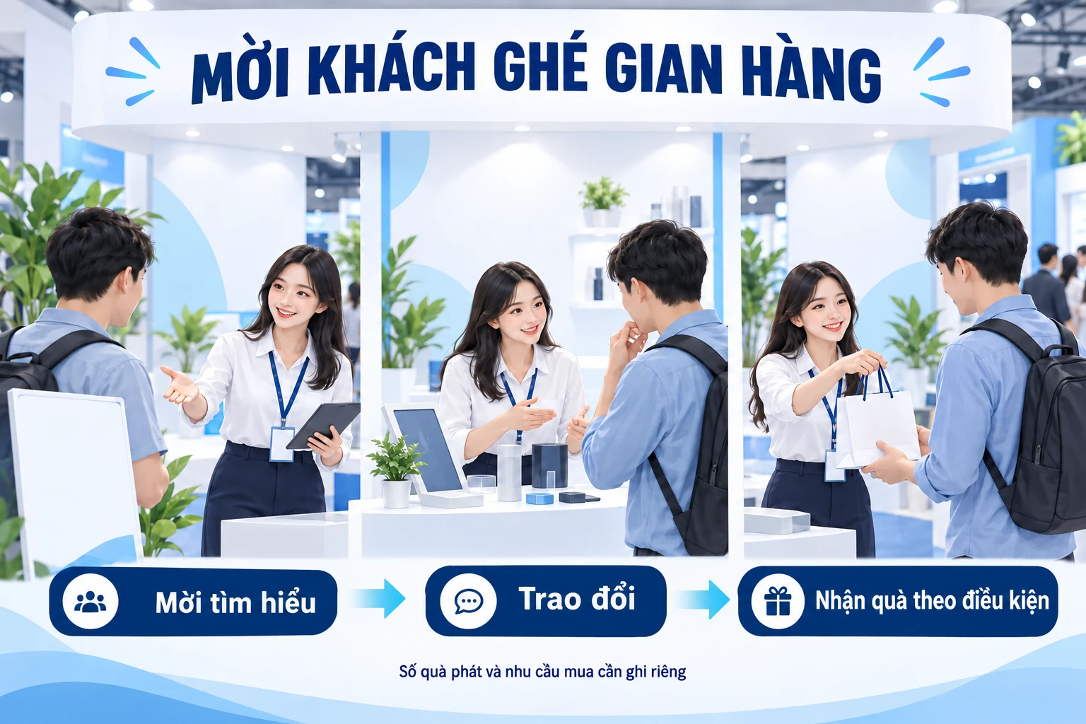 Minh họa mời tìm hiểu, trao đổi và nhận quà theo điều kiện tại gian hàng