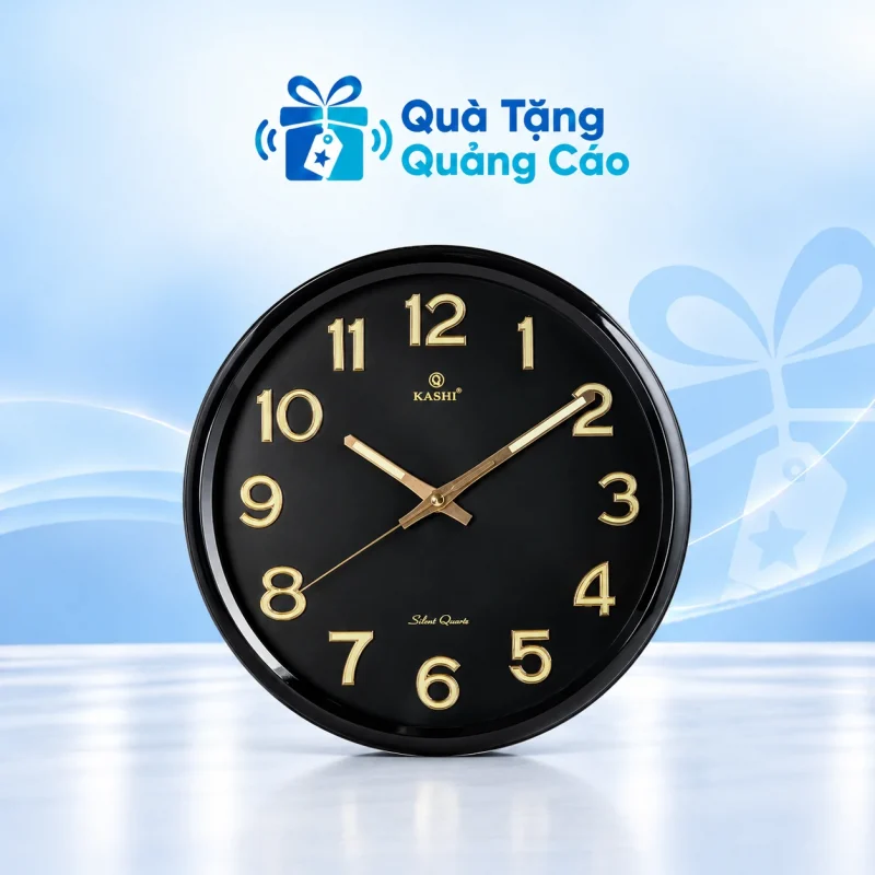 Đồng hồ Kashi HM223 30cm mặt đen số vàng in logo