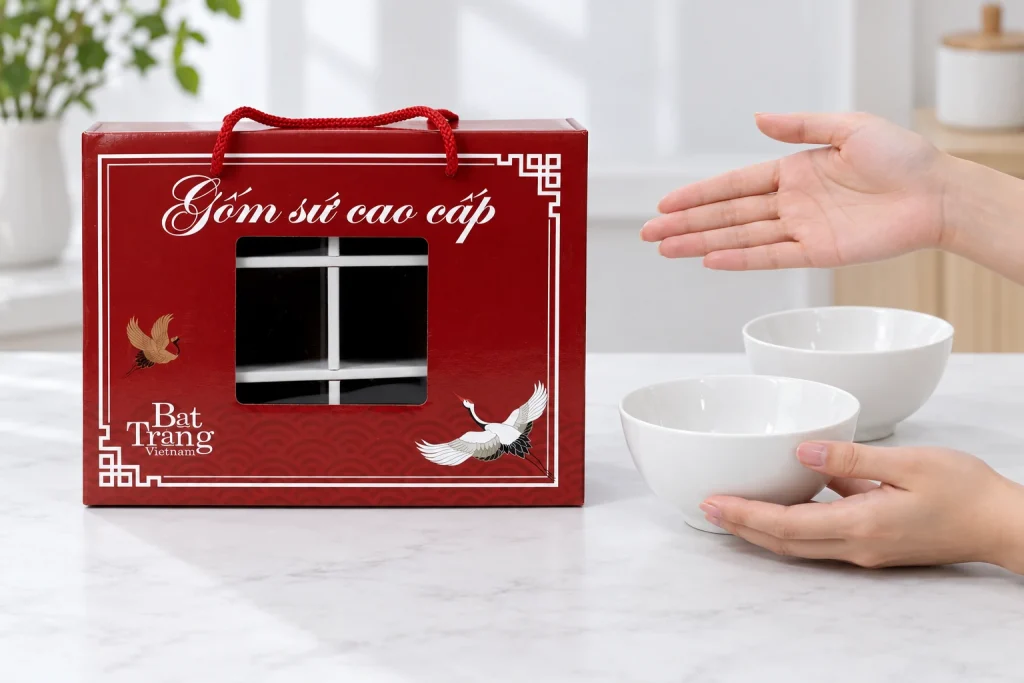 Minh họa hộp carton cửa sổ đặt cạnh bát sứ trắng để trao đổi cách phối
