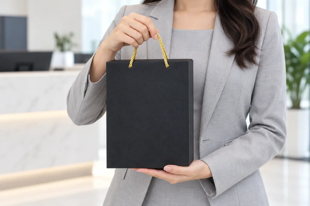 Minh họa cầm hộp đen có quai dây vàng, tay còn lại đỡ đáy