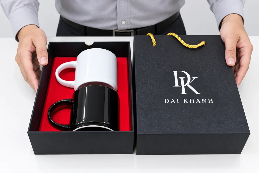 Minh họa mở hộp dạng diêm với nhận diện DAI KHANH giả định trên vỏ