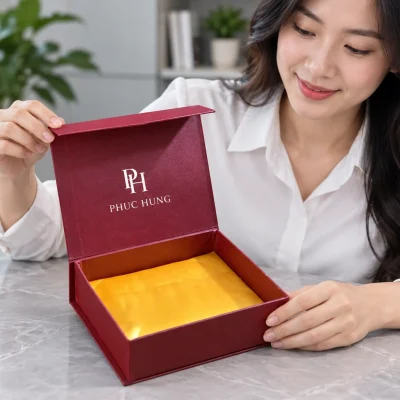 Minh họa người nhận mở hộp đỏ rượu với nhận diện PHUC HUNG giả định