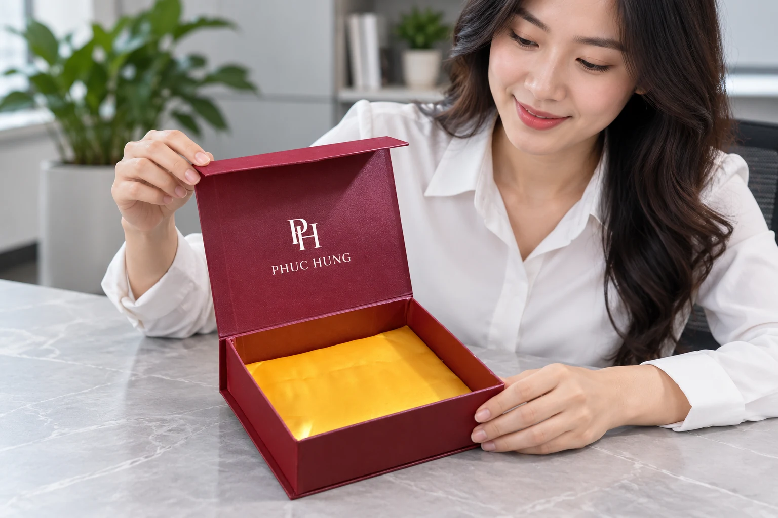 Minh họa mở hộp và bố cục PHUC HUNG Minh họa người nhận mở hộp đỏ rượu với nhận diện PHUC HUNG giả định