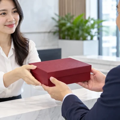 Minh họa trao hộp quà đỏ rượu bằng hai tay tại bàn tiếp khách