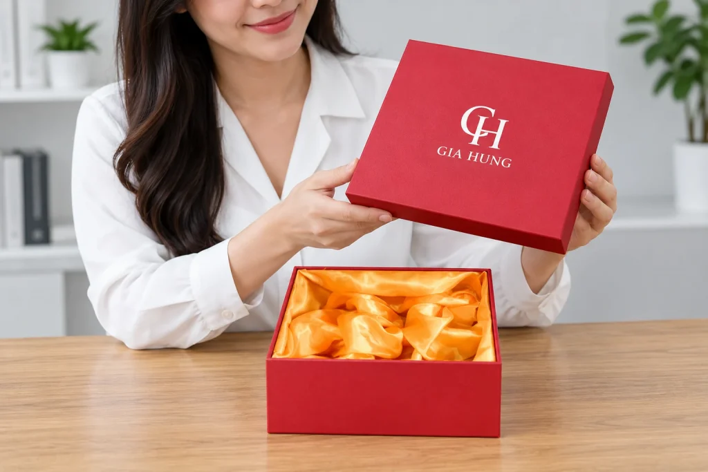 Minh họa mở hộp nắp rời với bố cục nhận diện GIA HUNG giả định
