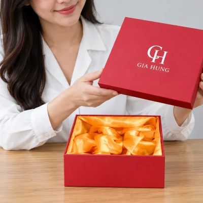 Minh họa mở hộp nắp rời với bố cục nhận diện GIA HUNG giả định
