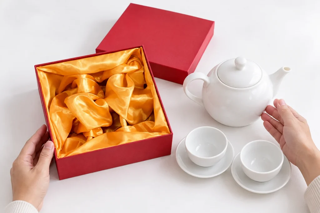 Minh họa xem lòng hộp lót vàng cùng bộ trà trắng đặt bên cạnh