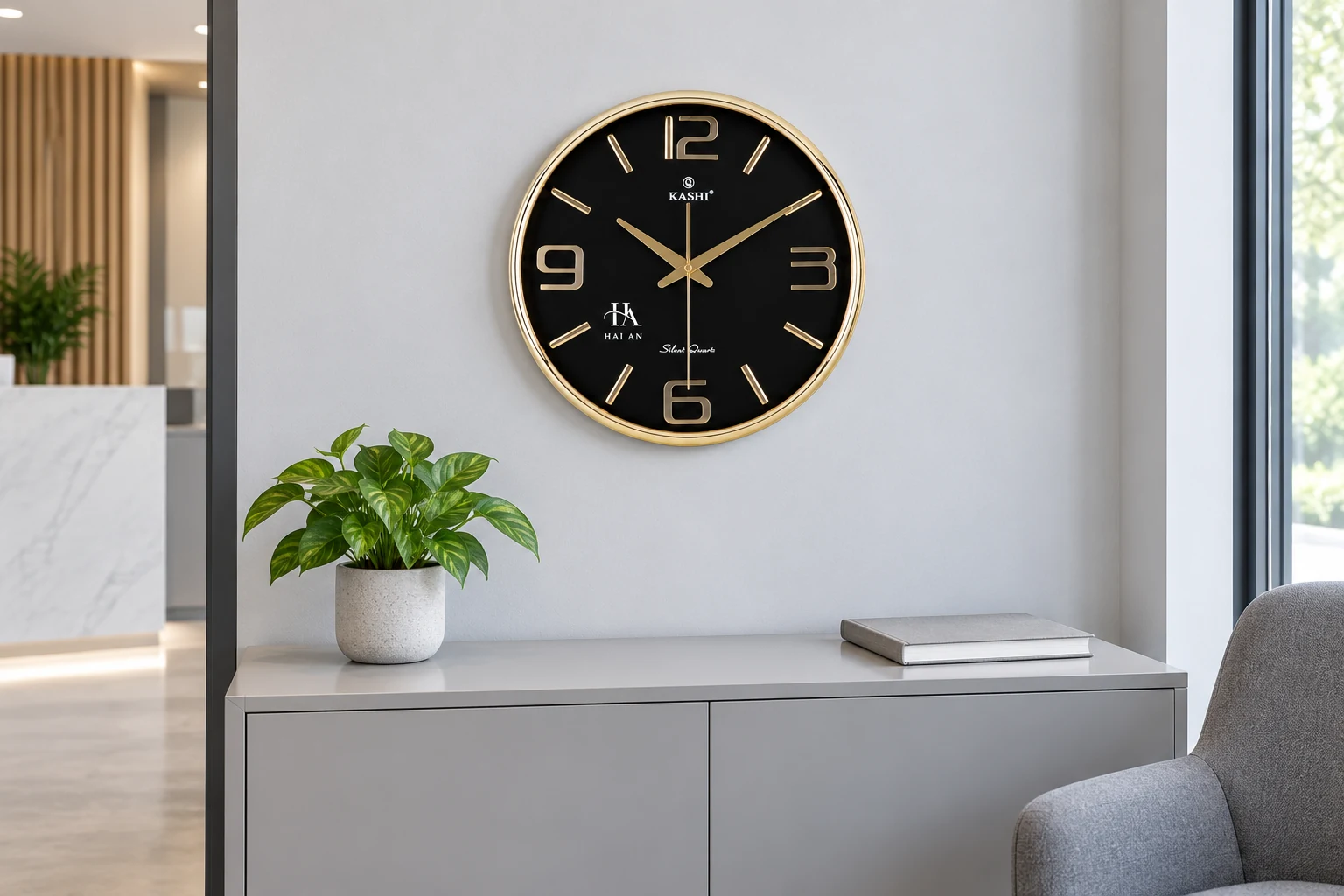 Minh họa Kashi HM381-YC in logo trong góc tiếp khách Minh họa Kashi HM381-YC in logo trong góc tiếp khách